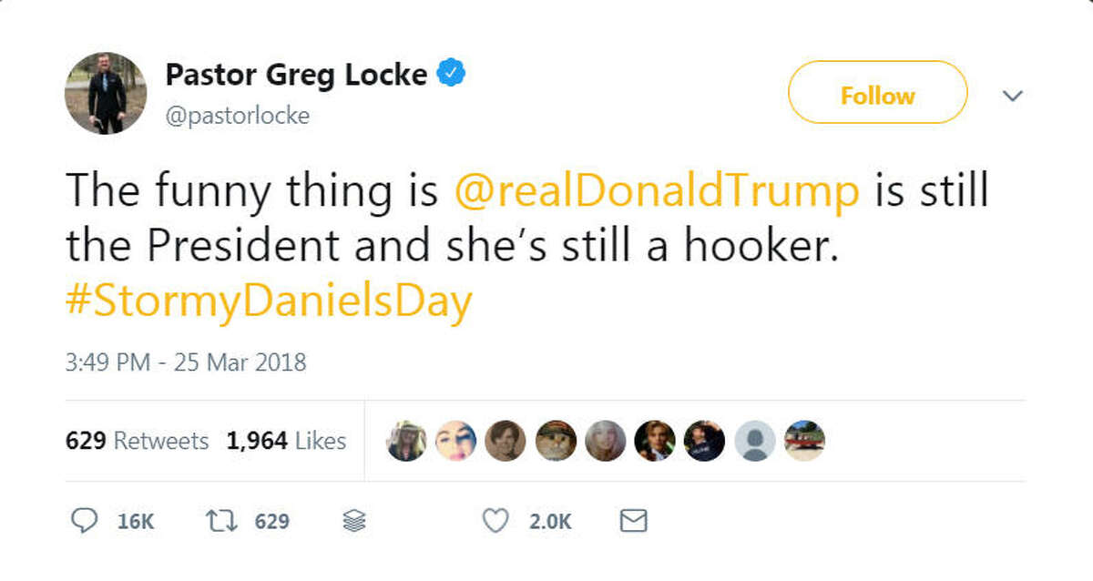 Pastor Greg Locke of Mt. Juliet, Tennessee sparked a Twitter debate when he tweeted, "The funny thing is @realDonaldTrump is still the President and she's still a hooker. #StormyDanielsDay"Scroll ahead to see some of the offensive comments President Donald Trump has made about women. 