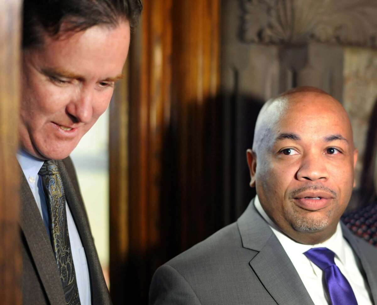 Senate Majority Leader John Flanagan, left, and Assembly Speaker Carl Heastie on March 29, 2016, at the Capitol in Albany, NY. (John Carl D'Annibale / Times Union)