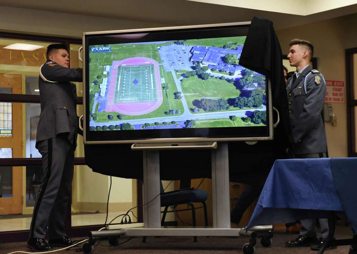 La Salle Institute cadets reveal a rendering showing the $1.7 million plan for upgrades to the school's athletics facility on Tuesday, March 27, 2018, in Troy, N.Y. (Will Waldron/Times Union)
