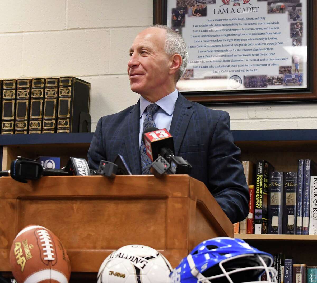 John Audino speaks during a press conference after being named head football coach at La Salle Institute on Tuesday, March 27, 2018, in Troy, N.Y. Audino joins La Salle from Columbia University where he was the Passing Game Coordinator/Running Backs coach. Previously he was the head coach at Union College where he led the Dutchmen to five NCAA Division III playoff appearances, four Liberty League titles and five ECAC Northwest Championships. (Will Waldron/Times Union)