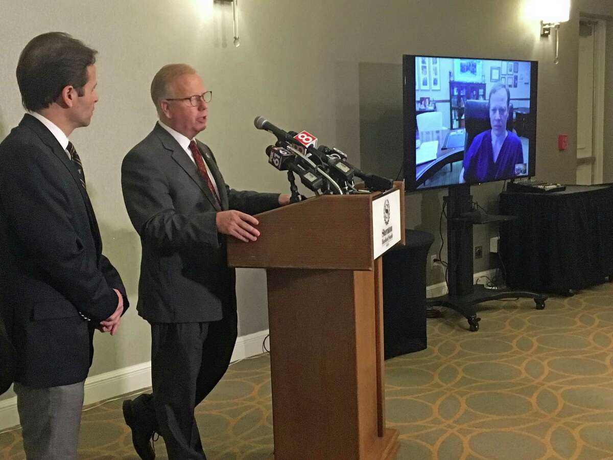 Danbury Mayor Mark Boughton speaks during a press conference on his health on Wednesday, March 28, 2018. Almost two weeks after Boughton, a Republican candidate for governor, collapsed from an apparent seizure at a campaign event, he waved his right to privacy and brought his doctors for the press conference.