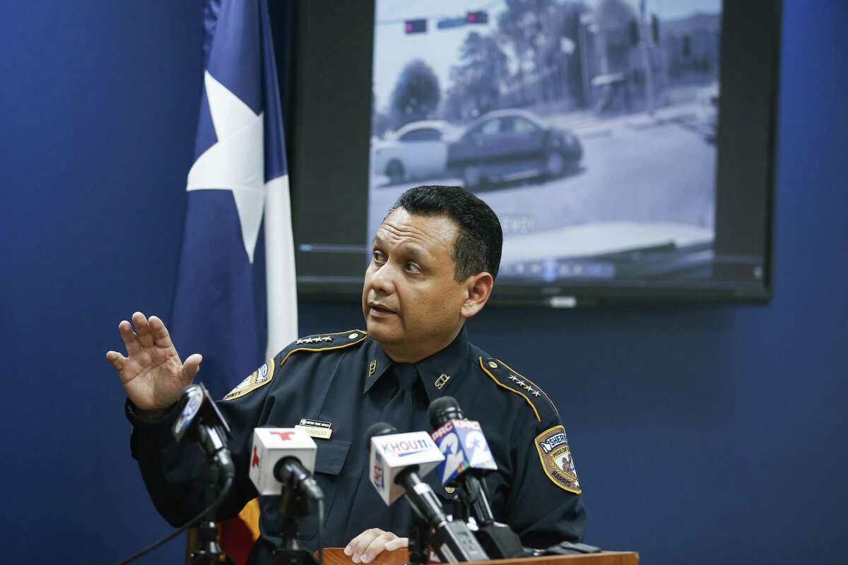 Harris County Sheriff Ed Gonzalez watches dash cam video of the fatal deputy-involved shooting of Danny Ray Thomas during a press conference regarding the shooting Monday, March 26, 2018 in Houston.