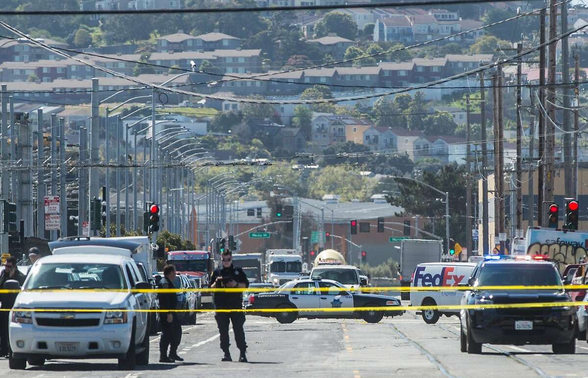 Police block off the intersection of 24th and Illinois streets in San Francisco’s Dogpatch neighborhood where a driver hit five pedestrians and fled the scene on Wednesday, March 28.