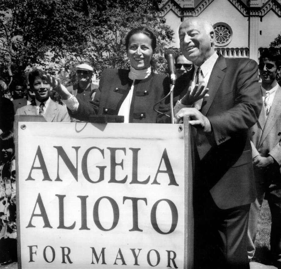 Angela Alioto with her father former mayor Joe Alioto, campaigning, August 8, 1991  Photo ran 8/9/1991, p. A12 Photo: Scott Sommerdorf / The Chronicle 1991