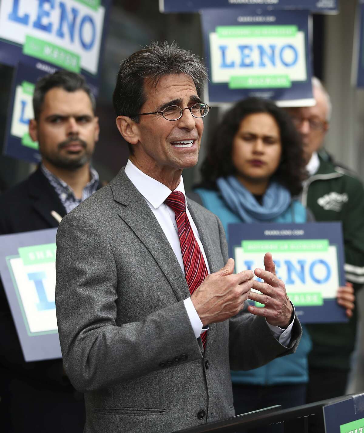 In this photo taken on Wednesday, March 21, 2018, San Francisco Mayoral candidate Mark Leno gestures while speaking to supporters in San Francisco. (AP Photo/Ben Margot)