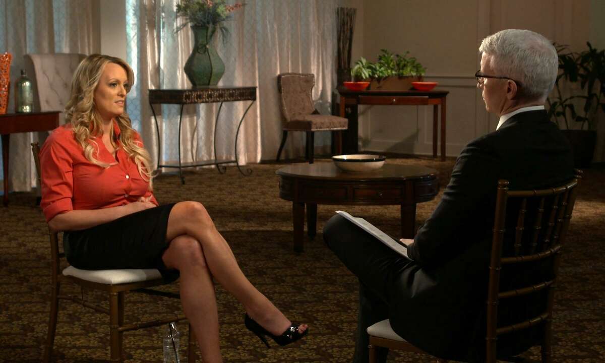 This image released by CBS News shows Stormy Daniels, left, during an interview with Anderson Cooper which aired on “60 Minutes” on March 25, 2018.