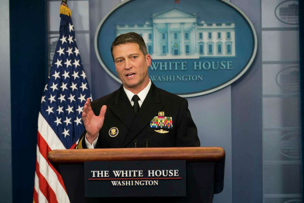 FILE-- Dr. Ronny Jackson, the White House physician, discusses President Donald TrumpOs health at the White House in Washington, Jan. 16, 2018. After weeks of uncertainty atop the Department of Veterans Affairs, President Trump on Wednesday said he plans to replace its secretary, David Shulkin, with Jackson, the presidentOs personal physician who is a rear admiral in the Navy. (Doug Mills/The New York Times)