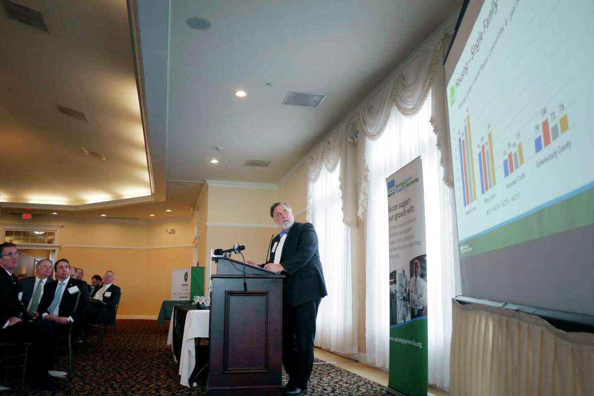 Marty Vanags, president of the Saratoga County Prosperity Partnership, addresses those gathered at an event put on by the partnership to release data from their Saratoga County Economic Index report on Thursday, March 29, 2018, at The Vista Restaurant at Van Patten Golf Club in Clifton Park, N.Y. (Paul Buckowski/Times Union)
