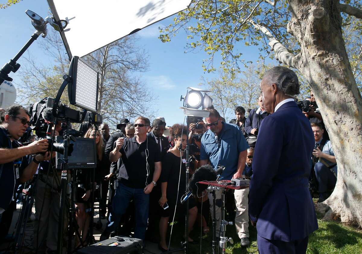 Rev. Al Sharpton appears on a national news broadcast before delivering the eulogy at the funeral service for Stephon Clark in Sacramento, Calif. on Thursday, March 29, 2018. Clark was shot and killed in the backyard of his grandmother's home by police officers who mistook a cellphone he was holding for a gun.