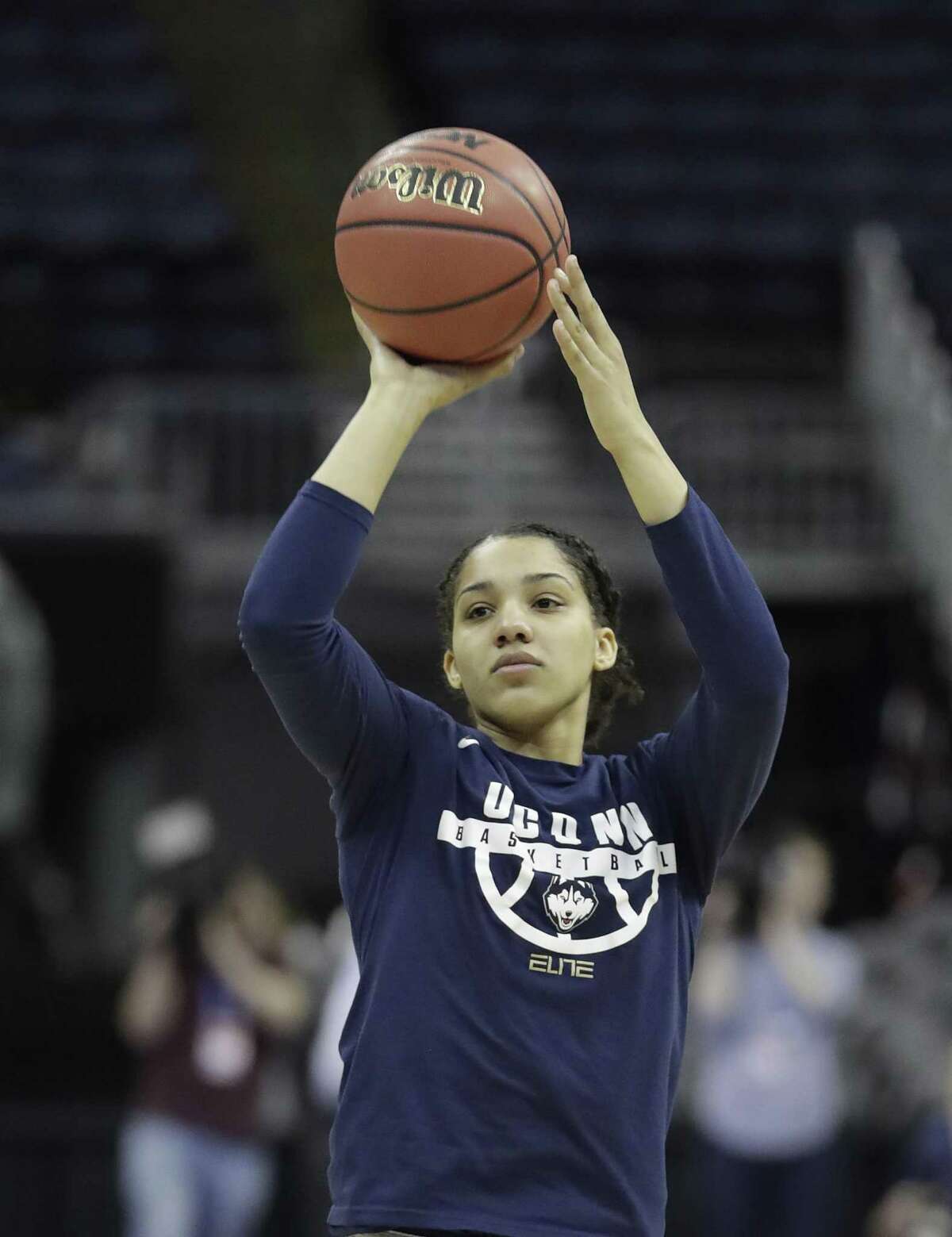 UConn’s Gabby Williams, shooting during practice on Thursday in Columbus, Ohio, is a player who can play multiple positions.