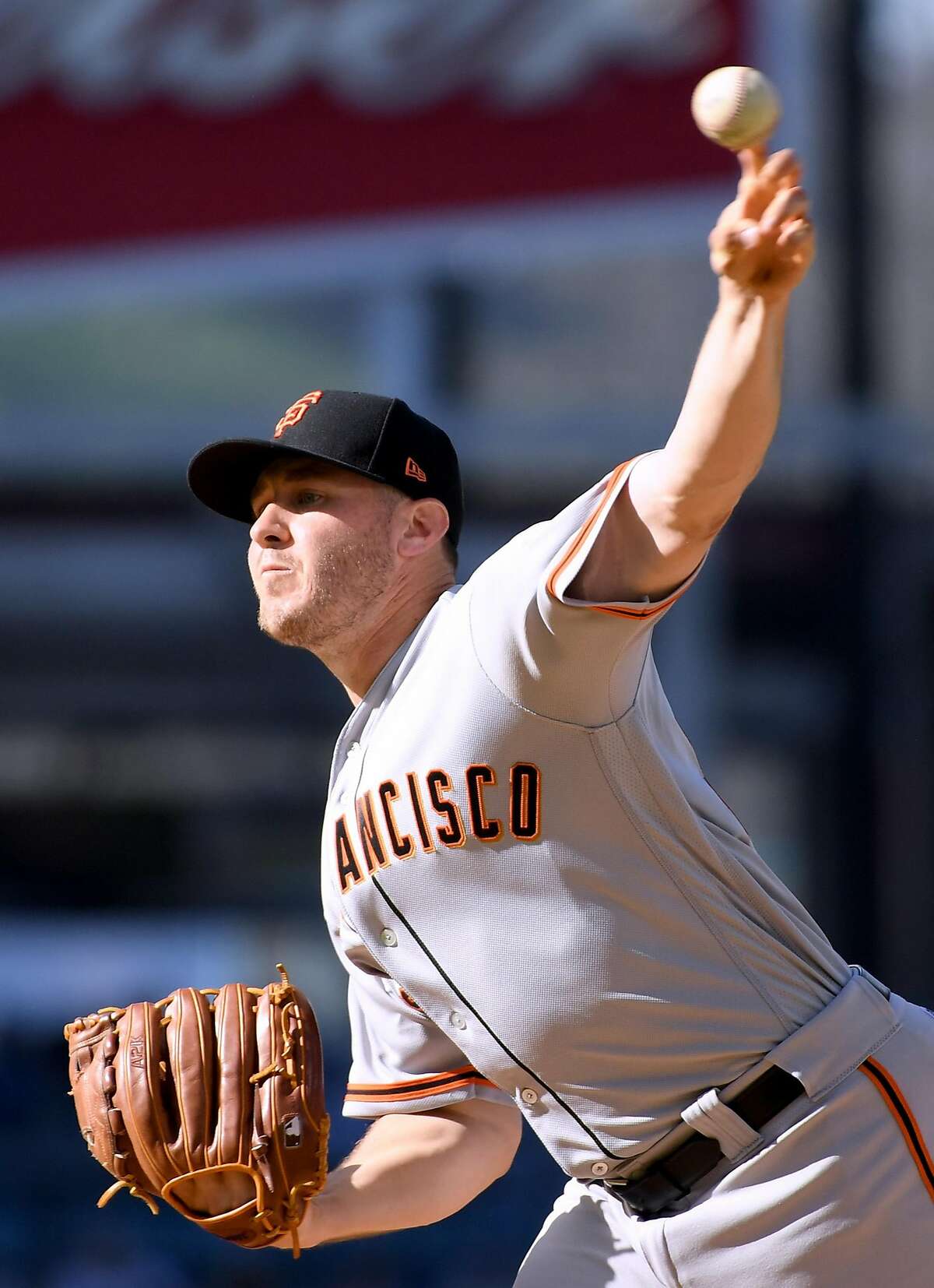 Ty Blach #50 of the San Francisco Giants pitches during the first inning against the Los Angeles Dodgers during the 2018 Major League Baseball opening day at Dodger Stadium on March 29, 2018 in Los Angeles, California.