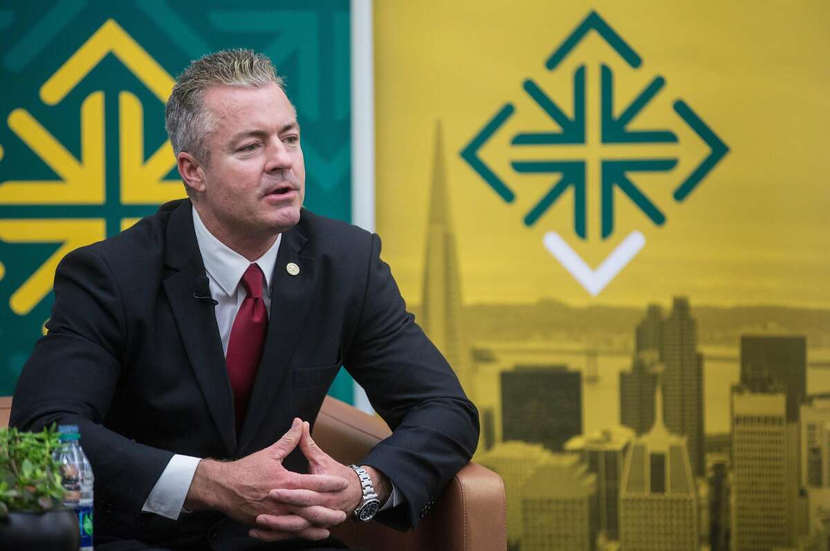 Assemblyman and California Republican Governor candidate Travis Allen speaks with Politico reporter Carla Marinucci as part of the Conversation for the Common Good series at the University of San Francisco's McClaren Complex Tuesday, March 27, 2018 in San Francisco, Calif.