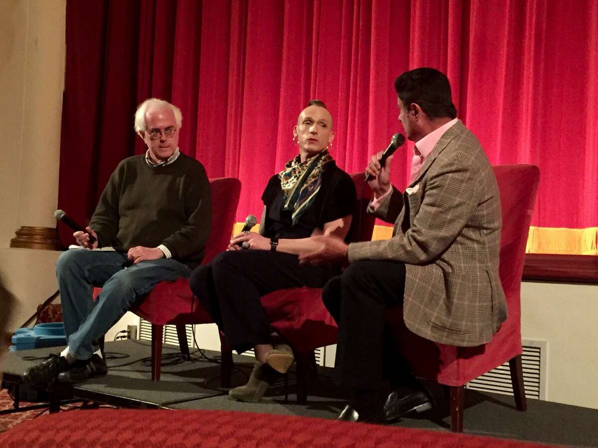 Joe Meyers, left, conducted an interview with Dr. A.C. Demidont and Anchor Health Initiative chairman Jean Doyen de Montaillou after a screening of “BPM” at the Avon Theatre in Stamford.