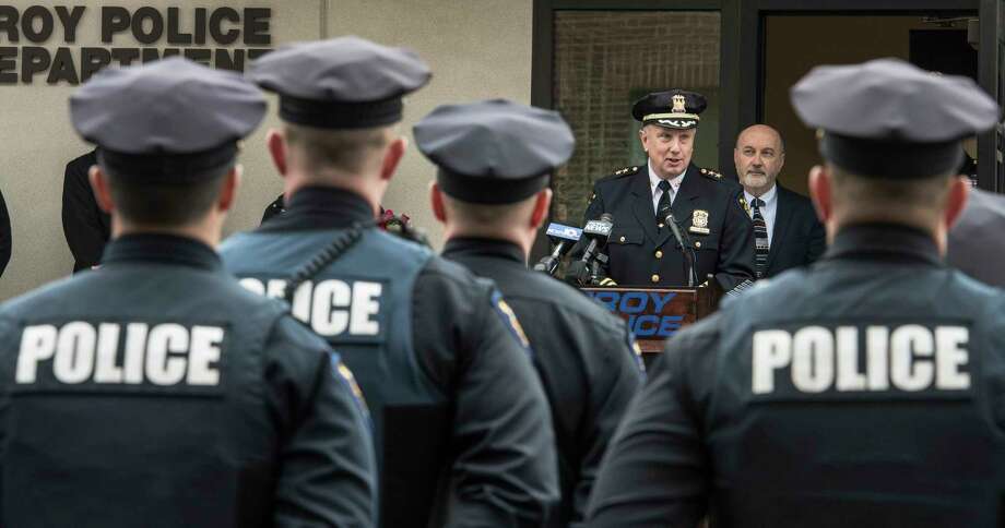 Assistant Chief of Department George VanBramer gives his retirement speech at his retirement ceremony Friday March 30, 2018 outside of police headquarters in Troy, N.Y.  (Skip Dickstein/Times Union) Photo: SKIP DICKSTEIN, Albany Times Union / 20043331A