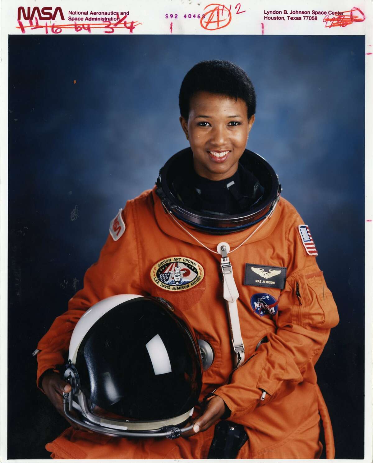 MAE C. JEMISON, M.D. -- Astronaut 1992 - Mission Specialist Mae Jemison, first black female in space. The first African-American woman in space She was named an astronaut candidate in 1987. She flew her first flight as a science mission specialist on STS-47, Spacelab-J, in September 1992 on board Space Shuttle Endeavour. NASA July 1992 S92-40463 Johnson Space Center, Houston, Texas 77058
