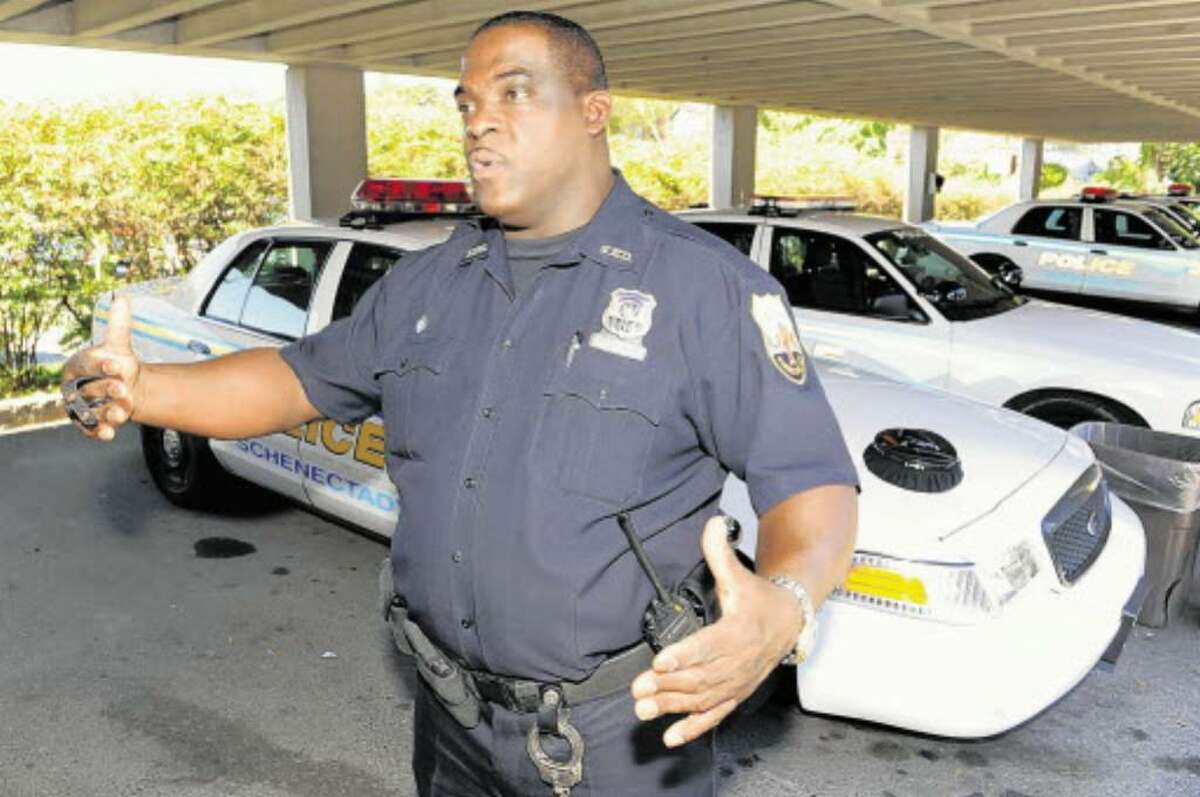 Schenectady Police Officer Dwayne Johnson on the job in October 2008. (Skip Dickstein / Times Union)