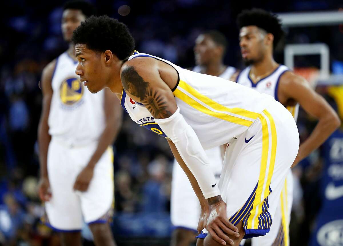 Golden State Warriors' Patrick McCaw in 4th quarter of Indiana Pacers' 92-81 win in NBA game at Oracle Arena in Oakland, Calif., on Tuesday, March 27, 2018.