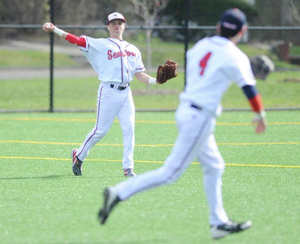 Brien McMahon left fielder Chris Ehlers throws the ball in after a base hit in the high school baseball game between Greenwich and Brien McMahon at Nathan Hale Middle School in Norwalk, Conn. Thursday, April 13, 2017.