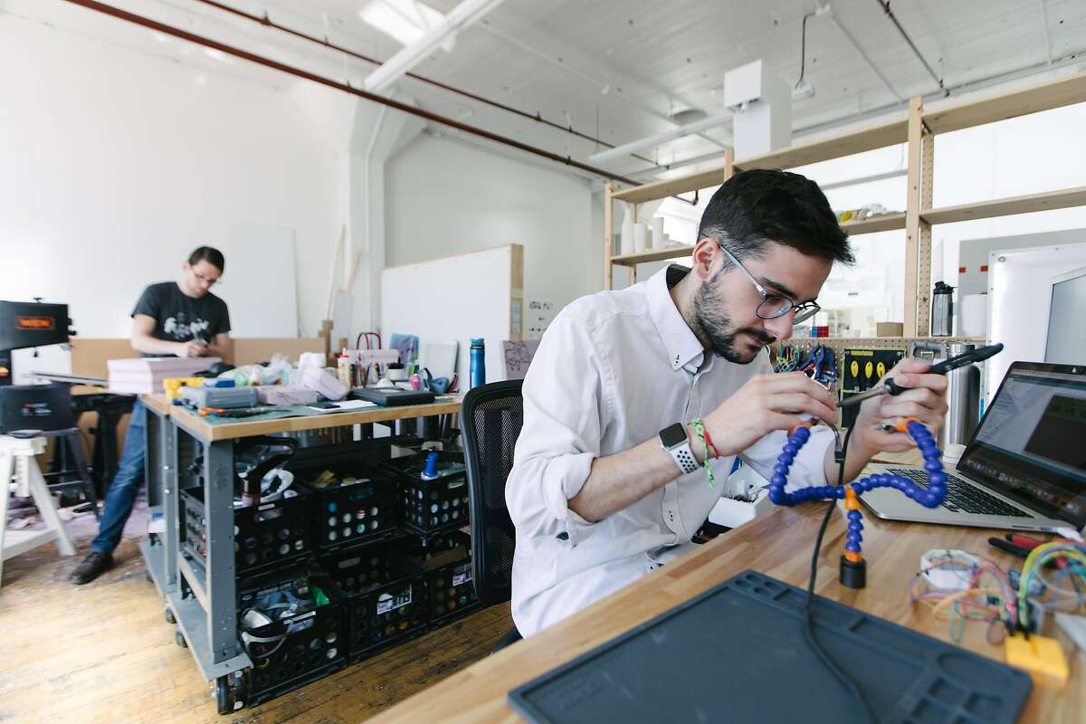 Alejandro Castillejo Mu�oz at work on the prototype of an idea at Propelland Labs, the workshop component of Propelland, the strategic design studio where he works in San Francisco on March 29th, 2018. "We bring ideas to life here," he said.