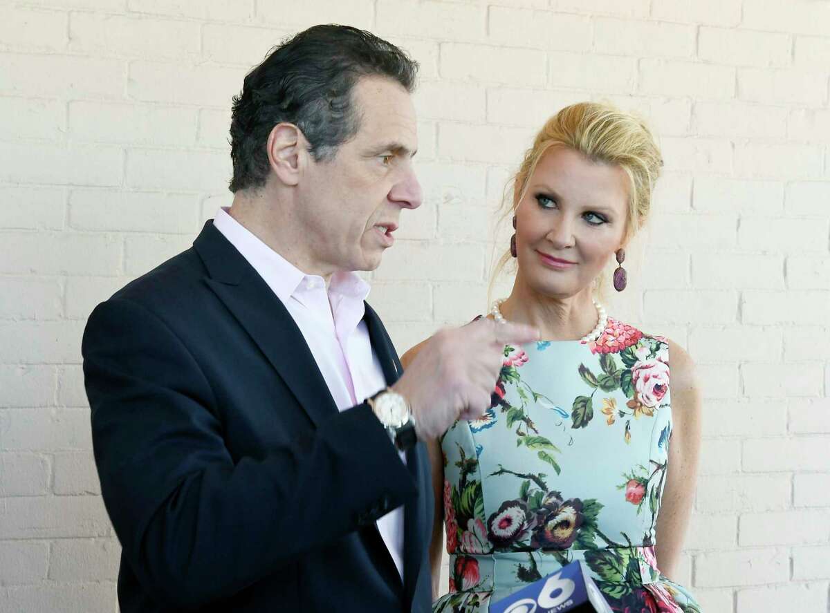 New York Gov. Andrew Cuomo and his girlfriend Sandra Lee, speak with reporters during the governor's Easter open house at the Executive Mansion Saturday, March 31, 2018, in Albany, N.Y. (Photo/Hans Pennink)(Hans Pennink / Special to the Times Union)