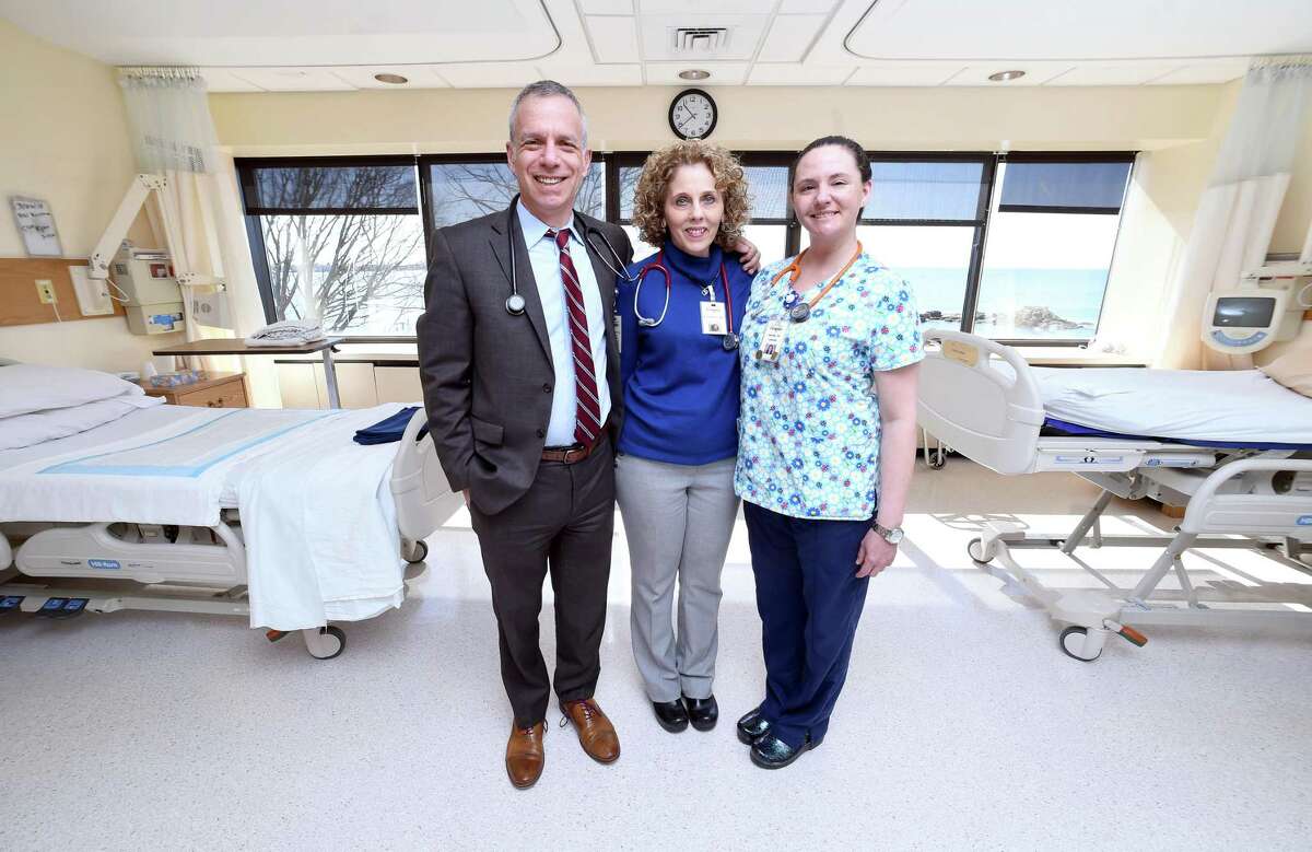 Left to right, Dr. Joseph Sacco, Connecticut Hospice’s medical director, nurse practitioner Mary Ann Fieffer and registered nurse Rachel Green are photographed at the hospice in Branford.