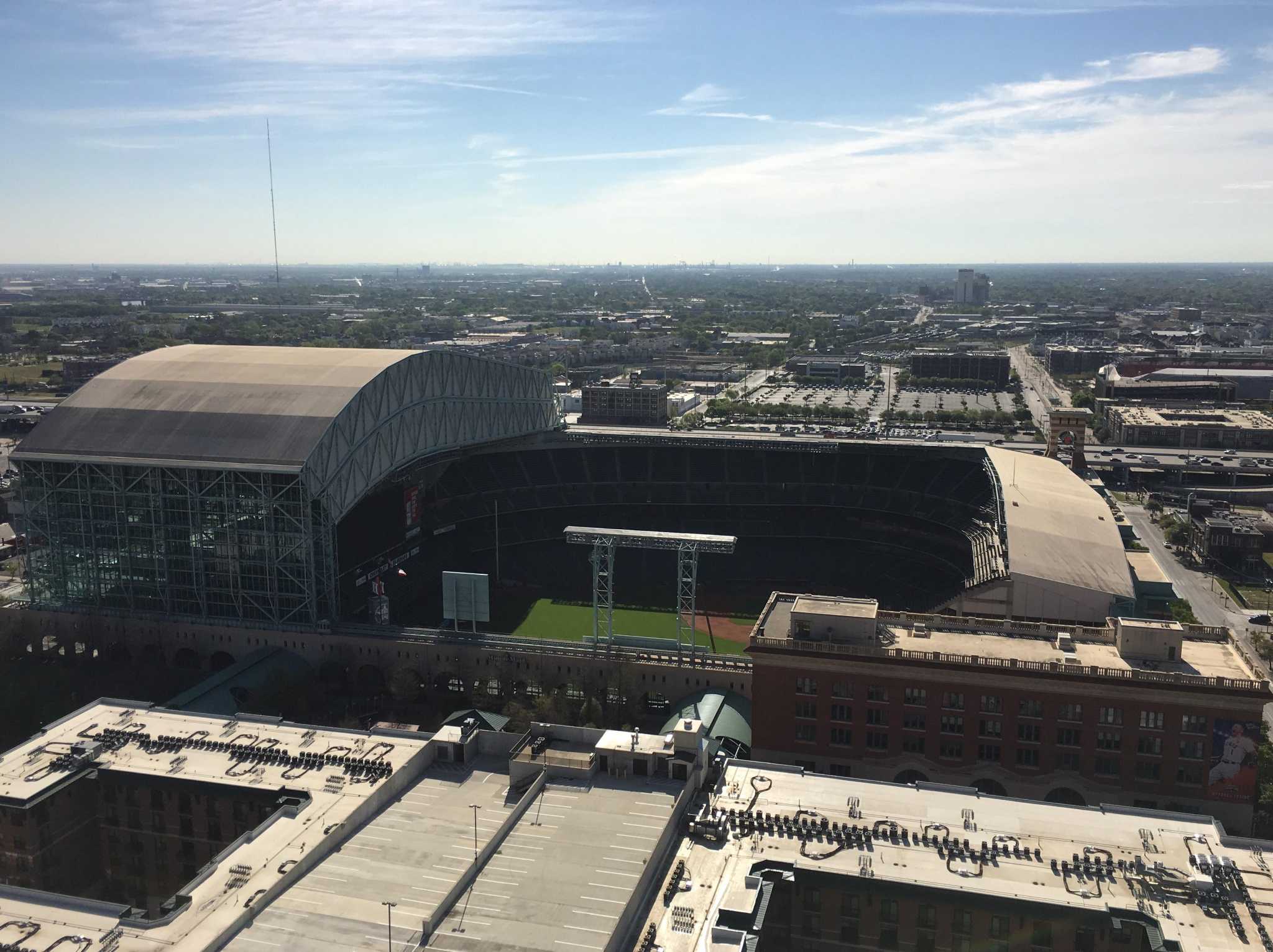 aerial view above Houston Texas Minute Maid Park home to Astros
