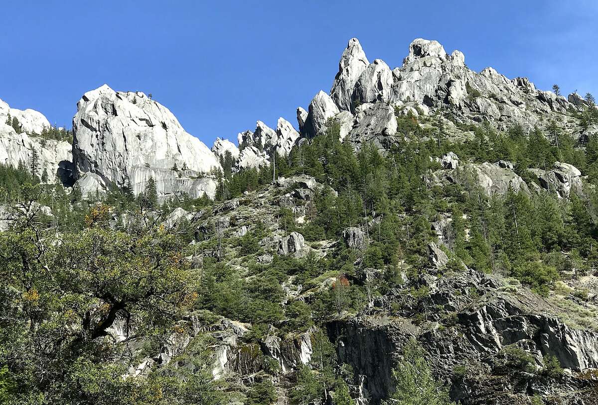 The upper crags above Castle Crags State Park, visible here from the Pacific Crest Trail, tower over Interstate 5 in Northern California