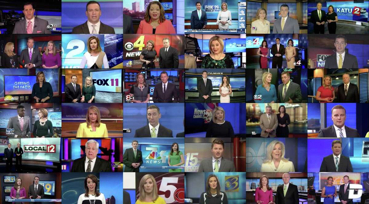 A Deadspin composite video shows Sinclair Broadcast Group stations reading a scripted statement warning against "biased and false news." (Deadspin)