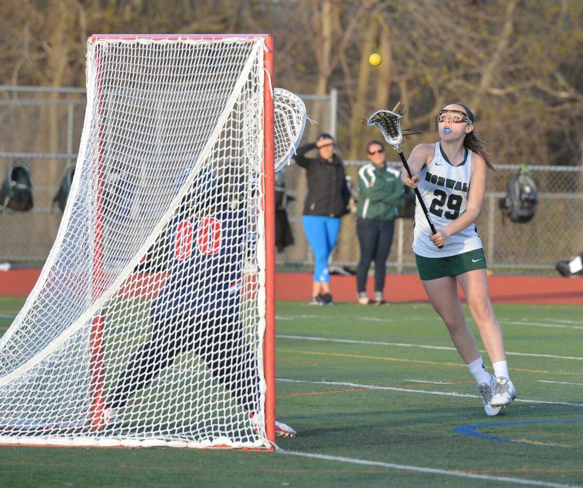 Norwalks #29 Lily L'Archevesque shoots on goal during girls lacrosse action vs Brien McMahon for the Kuchta Cup at Norwalk High School on Tuesday April 19 2016 in Norwalk Conn.