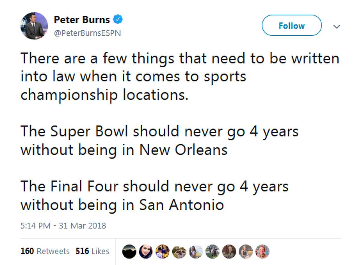 ESPN's Peter Burns thinks the "Final Four should never go 4 years without being in San Antonio."