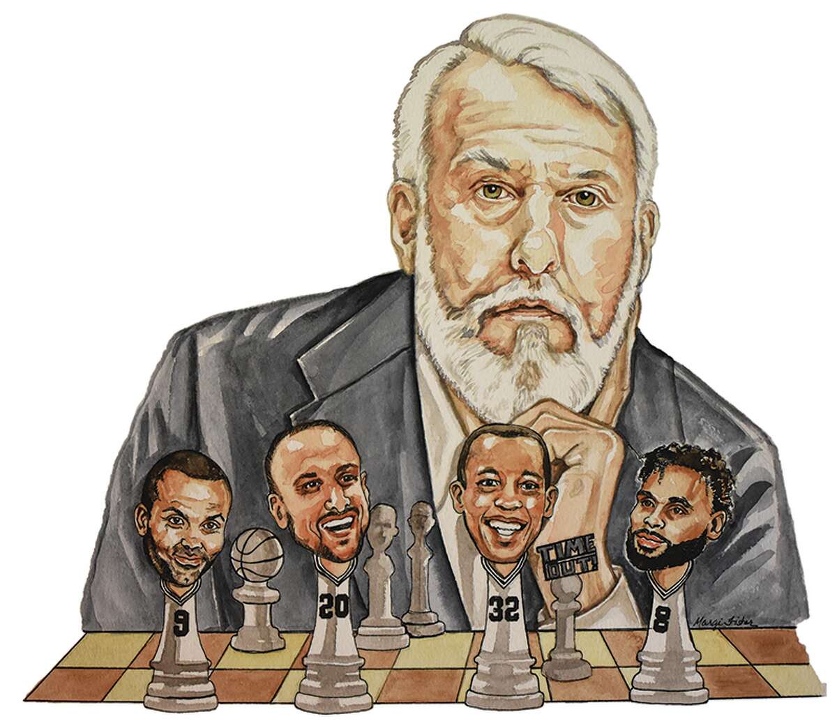 Artwork done by Margie Fisher of Spurs head coach Gregg Popovich and some of his players.