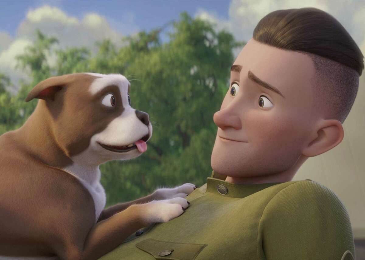 This image released by Fun Academy Motion Pictures Media Group shows a scene from the animated movie “Sgt. Stubby: An American Hero.” The film depicts the famous war dog and the soldier who adopted him, J. Robert Conroy. Conroy's grandson is hoping the film, which opens on April 13, 2018, will help him raise money for a bronze statue of the dog. (Fun Academy Motion Pictures Media Group via AP)