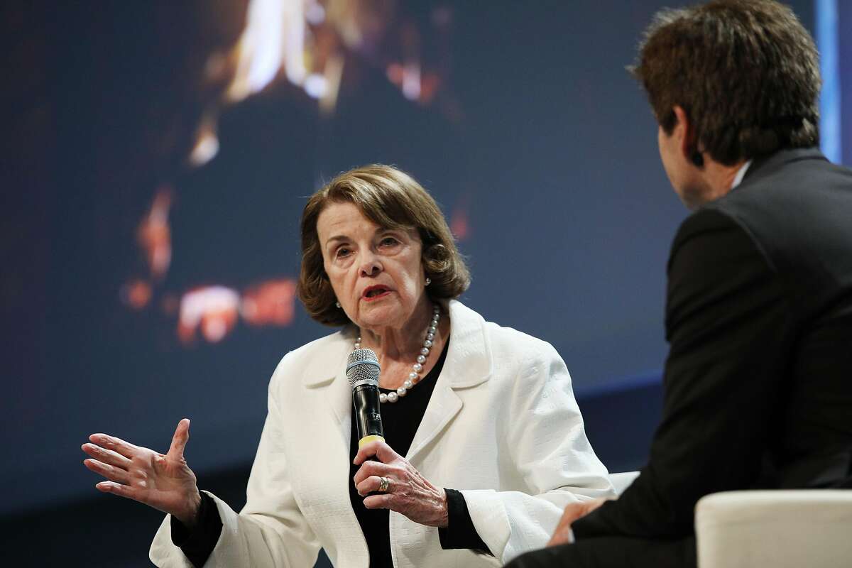 Senator Diane Feinstein sits down for a "Fireside Chat" with Carl Guardino, CEO of the Silicon Valley Leadership Group, during a luncheon sponsored by the group at Juniper Networks on Monday, April 2, 2018, in Sunnyvale, Calif.