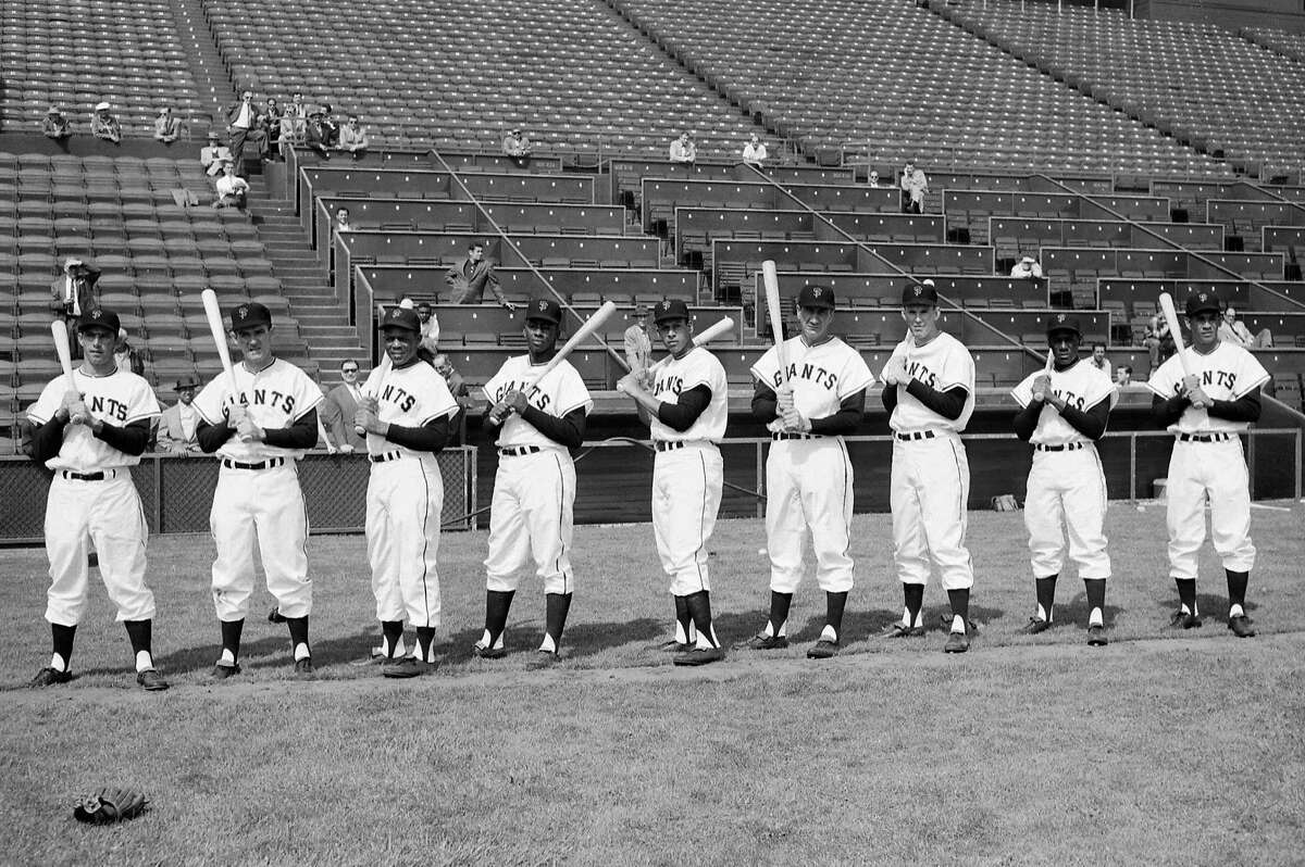 Giants first practice at Seal Stadium on April 15, 1958. Starting line up: Davenport, O'Connell, Mays, Cepeda, Sauer, Spencer, Thomas, Gomez. Starting Pitcher Ruben Gomez.