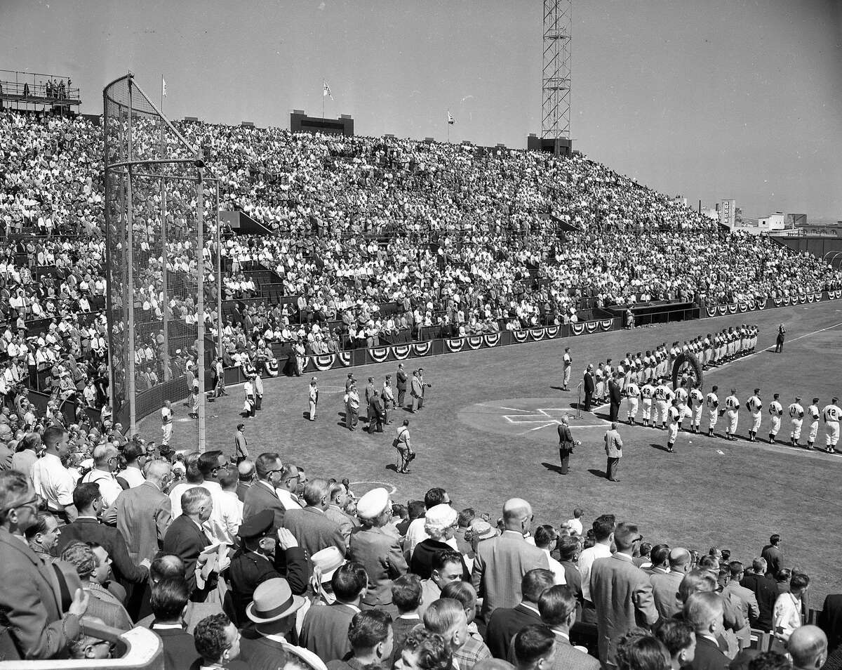 The crowd at the Giants opening game against the Dodgers on April 15, 1958.