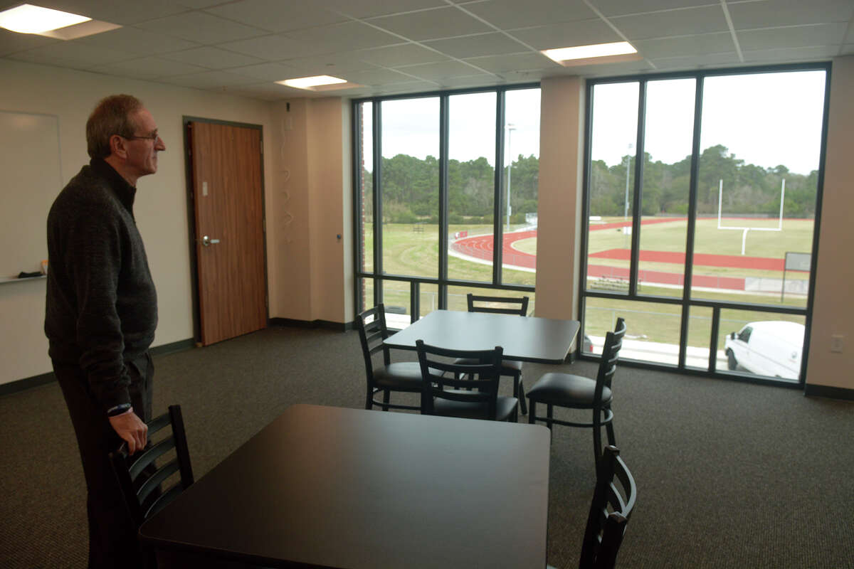 Dean Unsicker, Head of School at Rosehill Christian School in Tomball, checks out the view of the school's athletic field from a second floor classroom in their new 40,000 square foot multiplex which includes 13 classrooms, a performing arts venue and a new college-sized basketball gymnasium with locker rooms on Jan. 9, 2017. (Photo by Jerry Baker/Freelance)