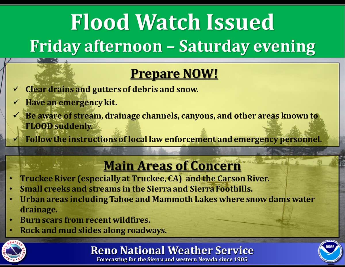 The National Weather Service Reno issued a flood and storm warning for the northern Sierra: "A strong atmospheric river will impact the region Friday-Saturday. Significant precipitation & high snow levels will bring an enhanced flooding potential for rivers, creeks, streams and urban areas. Flood preparations should be completed by Thursday afternoon."