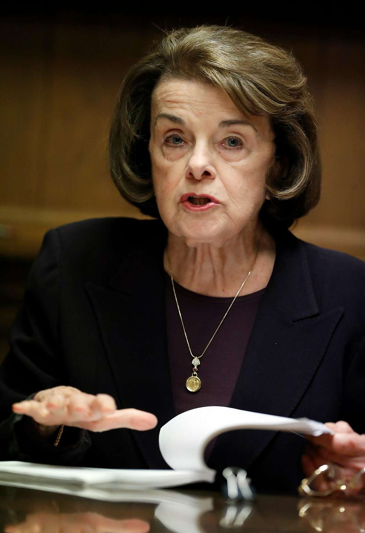United States' Senator Dianne Feinstein talks to the San Francisco Chronicle Editorial Board in San Francisco, Calif., on Tuesday, April 3, 2018.