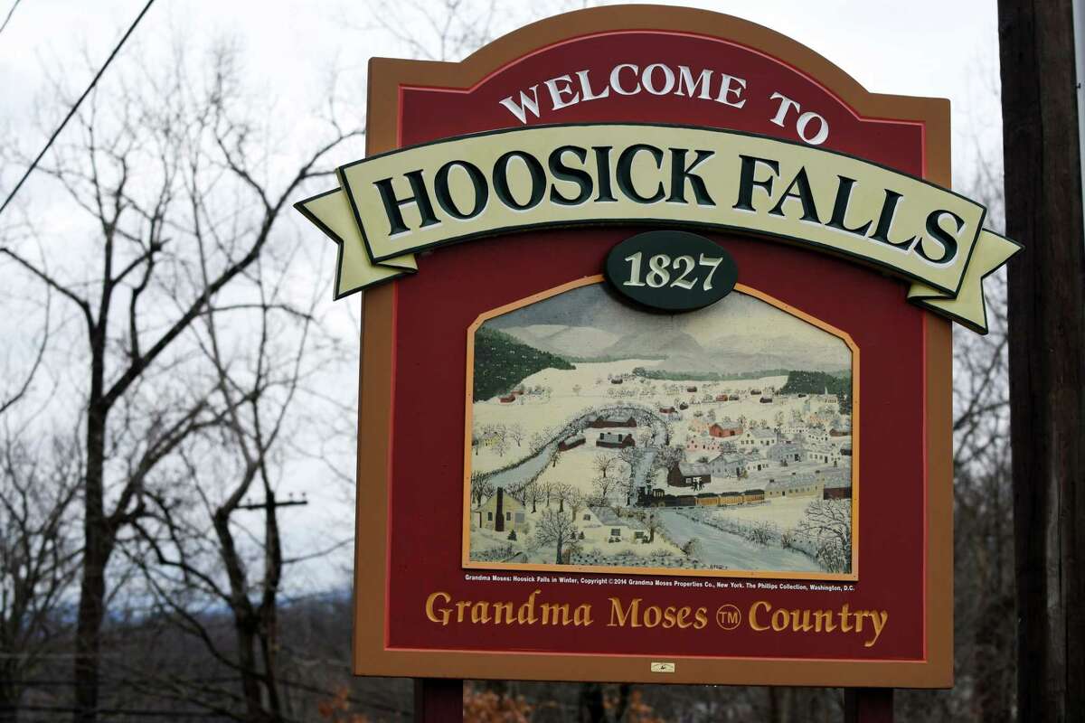 Sign at the entrance to Hoosick Falls on Route 22 on Wednesday, Jan. 4, 2017, in Hoosick Falls, N.Y. (Will Waldron/Times Union)