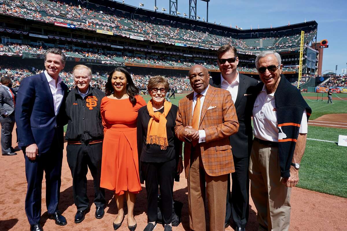 Former San Francisco mayors paid tribute to the late Mayor Ed Lee at the Giants home opener. From left: Lt. Gov. Gavin Newsom, Frank Jordan, Supervisor London Breed, former First Lady Gina Moscone, Willie Brown, Mayor Mark Farrell and Art Agnos. April 3, 2018.