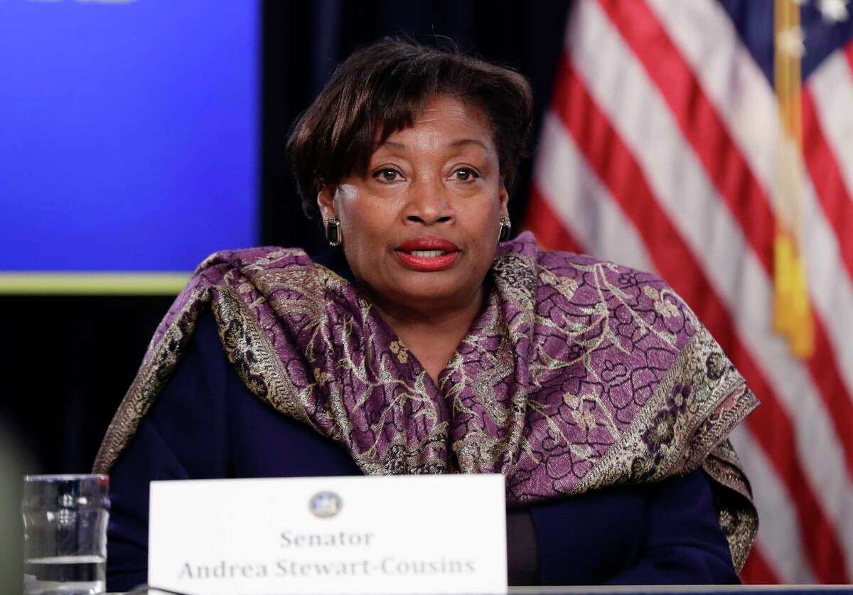 Senate Democratic Conference Leader Andrea Stewart-Cousins, D-Yonkers, speaks during a news conference Wednesday, April 4, 2018, in New York. (AP Photo/Frank Franklin II)