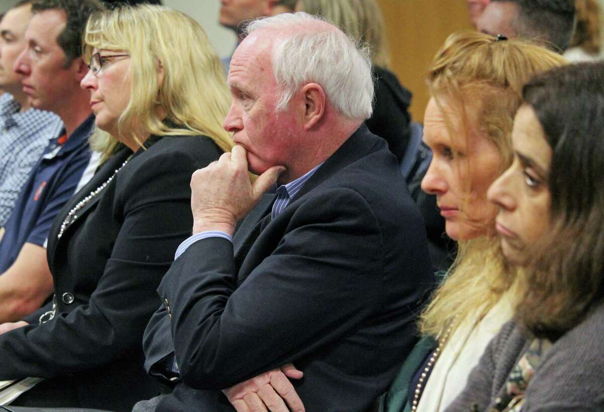 Supt. of Schools Toni Jones and Board of Education members listen to the finance board's budget discussion Tuesday night. The school budget was not cut. Fairfield,CT 4/4/18