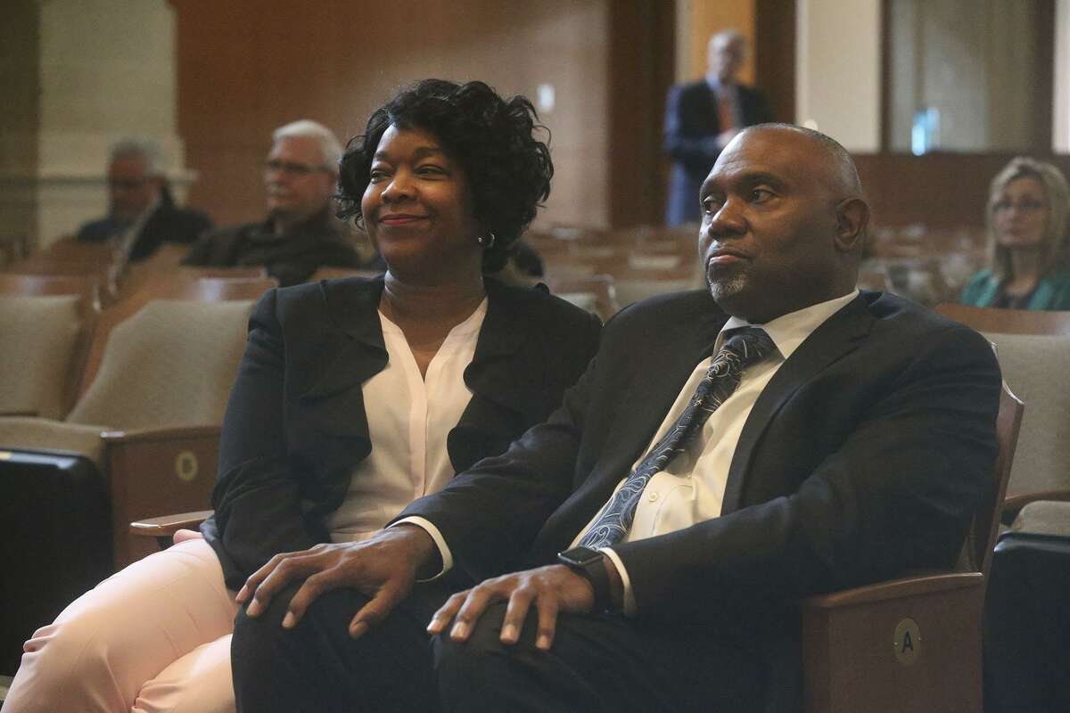 CPS Energy President and CEO Paula Gold-Williams (left) sits with then-board of trustees candidate Willis Mackey. Gold-Williams reiterated Friday that the city-owned utility will not ask for a new rate increase, but said it had studied what a rate increase would look like.