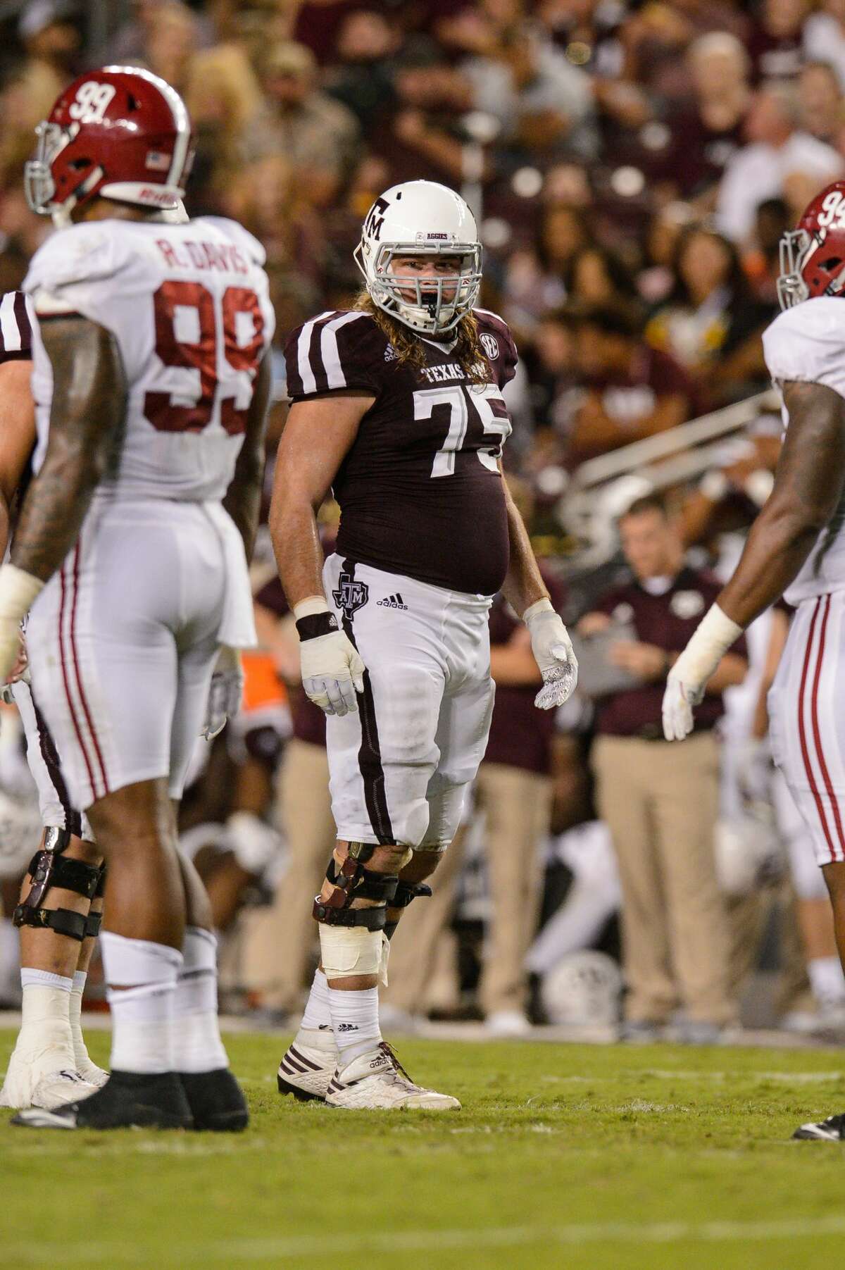 COLLEGE STATION, TX - OCTOBER 07: Texas A&M Aggies offensive lineman Koda Martin (75) gets ready for a play during the college football game between the Alabama Crimson Tide and the Texas A&M Aggies on October 7th, 2017 at Kyle Field in College Station, TX. (Photo by Daniel Dunn/Icon Sportswire via Getty Images)