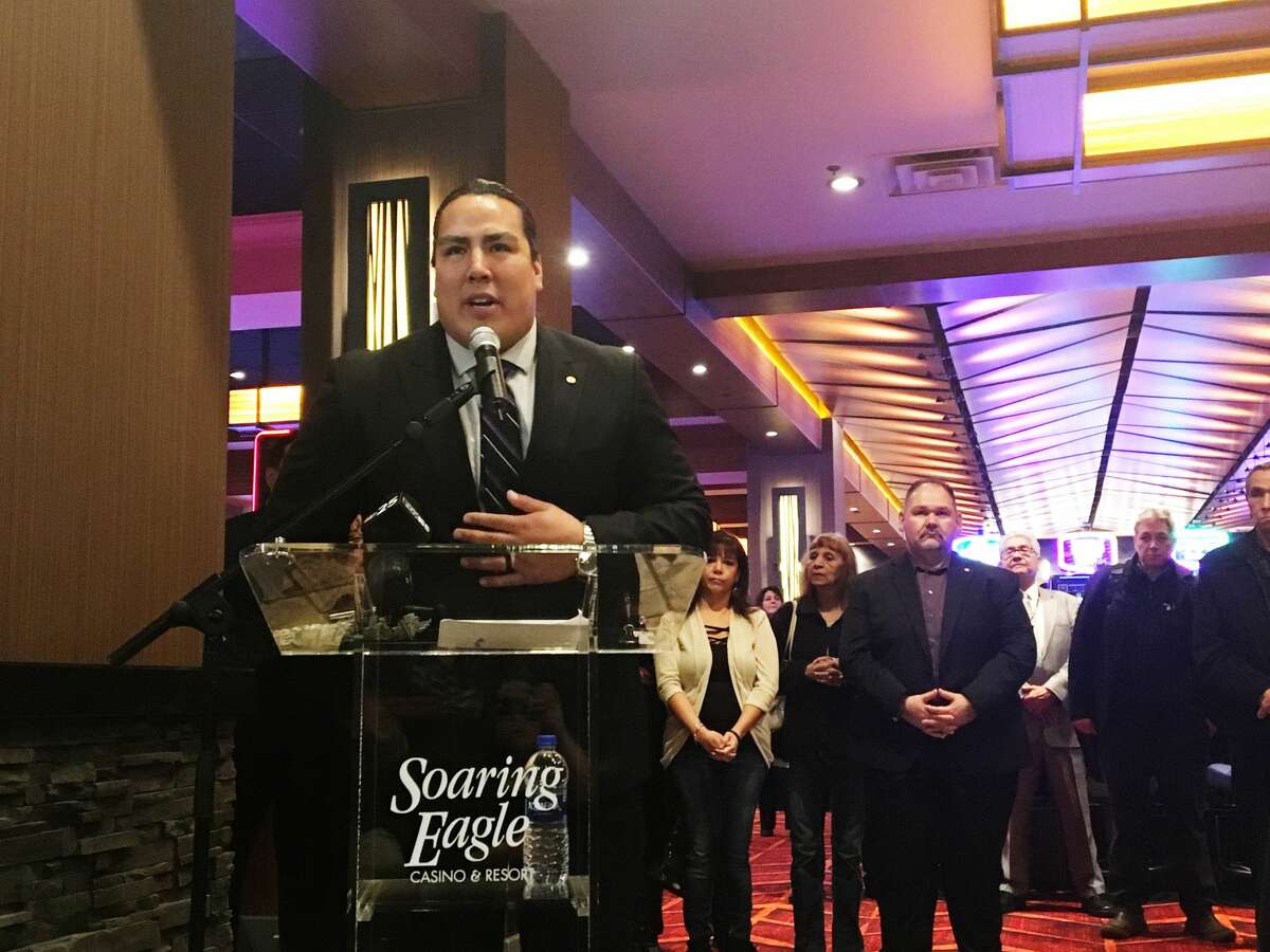 Ronald Ekdahl, Chief of the Saginaw Chippewa Indian Tribe, speaks before the brand new High Limit lounge is opened at Soaring Eagle Casino after a ribbon cutting ceremony on Friday. (Katy Kildee/kkildee@mdn.net)