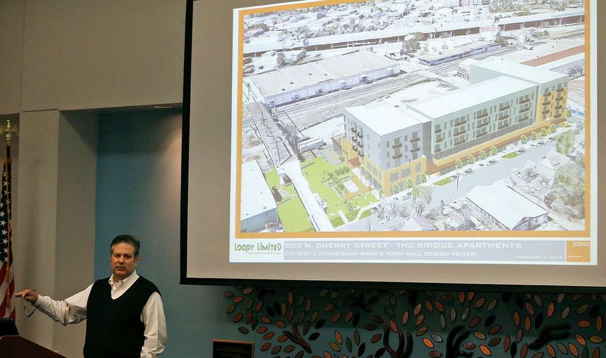 Xavier Gonzalez, Director of Design GRG Architecture speaks on the proposed Bridge Apartments to be built next to the Hays Street Bridge during District 2 Councilman William H. “Cruz” Shaw’s Town Hall Feb. 5 at the Heritage Room of the Campus Center Building at St. Philip’s College.