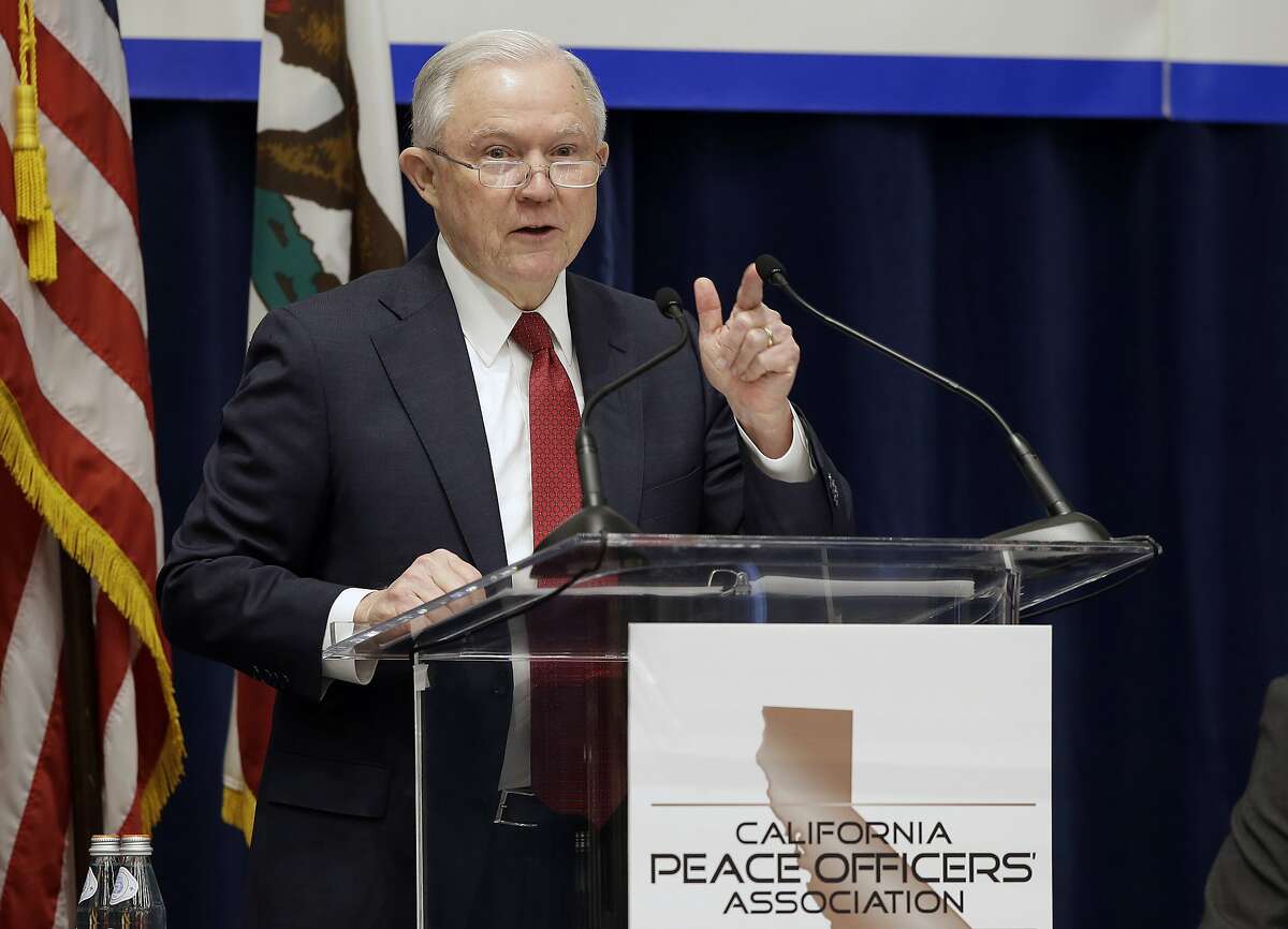 FILE - In this March 7, 2018, file photo, U.S. Attorney General Jeff Sessions addresses the California Peace Officers' Association at the 26th Annual Law Enforcement Legislative Day in Sacramento, Calif. Orange County is considering two proposals to fight back against California's so-called sanctuary law for immigrants. The backlash to the state's effort to protect immigrants from stepped up deportations under the Trump administration comes a week after Los Alamitos voted to seek to exempt itself from the law. (AP Photo/Rich Pedroncelli, File)