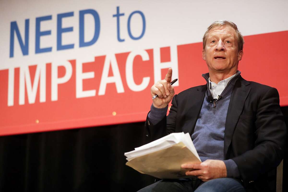 Political activist Tom Steyer speaks during the "Need to Impeach" town hall event at the Clifton Cultural Arts Center, Friday, March 16, 2018, in Cincinnati. Steyer, a billionaire activist also involved in environmental causes, founded the "Need to Impeach" petition campaign on claims that President Donald Trump meets the criteria for impeachment. The event kicks-off a national tour in an effort to generate support. (AP Photo/John Minchillo)
