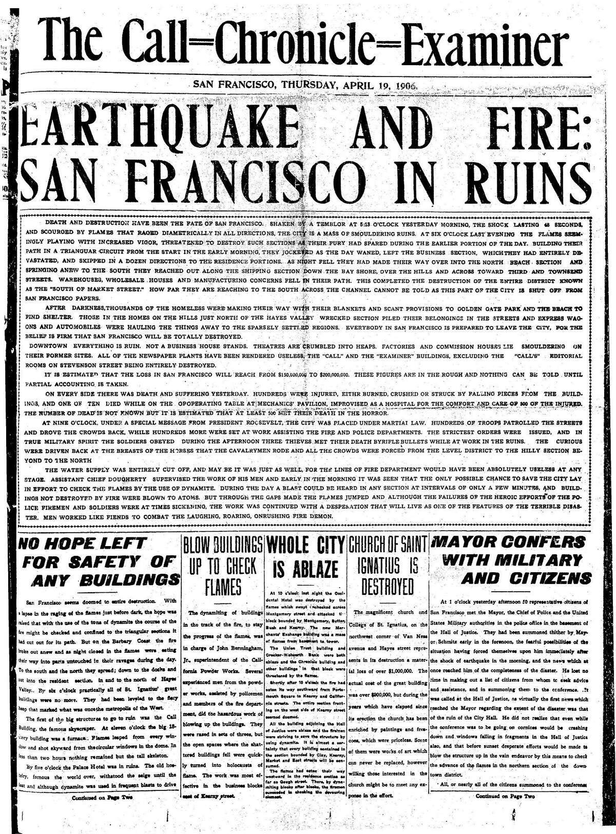 《旧金山纪事报》1906年4月19日的头版，也就是大地震和火灾发生的第二天。这是一份联合报纸，由《Call》、《Examiner》和《Chronicle》的员工撰写，并在奥克兰印刷
