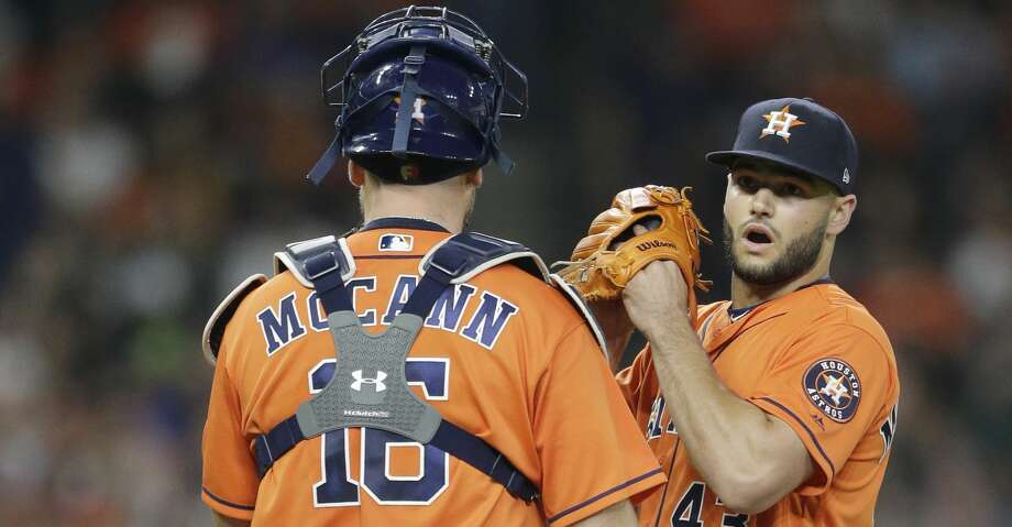 Houston Astros Catcher Brian Mccann And Pitcher Lance Mccullers Jr Talk On The Mound During Houston Astros Catcher Brian Mccann And Pitcher Lance Mccullers Jr Talk On The Mound During